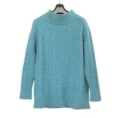 ケーブル編み　ハイネックセーター　LL　青緑　ウール　小傷あり