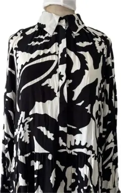 H&M 花柄ロングシャツワンピース ブラック/ホワイト