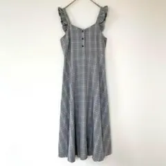 マジックサウンド［M］上品ナチュラル◎肩フリル◎チェック柄ノースリーブワンピース