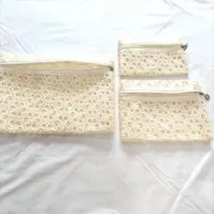 新品アイボリー 花柄刺繍 ポーチ 3点セット大中小　ラベル表示無し