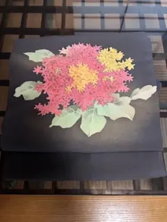 名古屋帯　塩瀬　シックで華やかな紫陽花柄　黒薄墨色のサムネイル