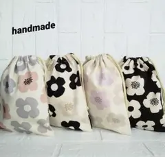 巾着袋　 給食袋　 ハンドメイド　小さなモダンフラワー　花柄　ピンク　黒　紫