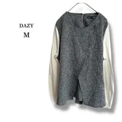 【DAZY】パッチワークブラウス　レイヤード風　重ね着風　バックリボン　グレー