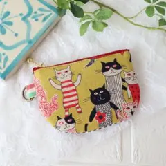 [猫柄M・マスタード ]10cmファスナー 小銭入れ