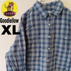 USA古着 Goodiellow　ネルシャツXL　ブルーホワイトオンブレチェック