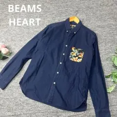 BEAMS HEART ビームスハート　シャツ　長袖　ネイビー　胸花柄　L◇