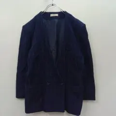 5『レディース』ノーカラージャケット【M】ストライプ ラメ入 Vネック ネイビー