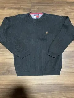 【90s】トミーヒルフィガー クレスト刺繍 畔編み コットンニット 黒 M