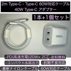 デュアルタイプCポート 40Wコンパクト電源アダプタ+TypeC ケーブル 2m