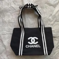 CHANEL ノベルティミニトートバッグリボン黒キャンバス地ランチ