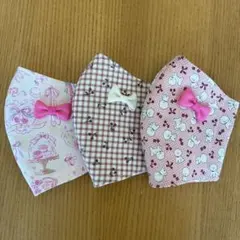 ハンドメイドマスク幼児〜低学年 リボン付き3枚セット うさぎ いぬ 花