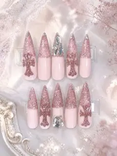 ネイルチップ ギャル クロム クロス フラッシュ 埋めつくし ロング 韓国