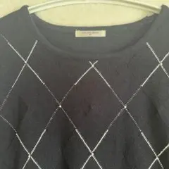 春ニット　長袖セーター　ダイヤ柄 ブラック 黒　パール