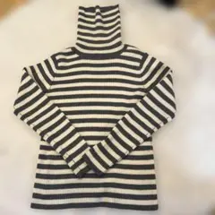 タートルネックボーダーセーター毛100% グレー×アイボリー