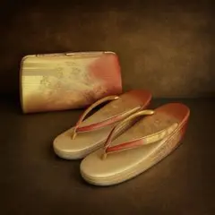 【23cm】高級 草履バッグセット 金×朱色 振袖 礼装 成人式 結婚式 箱付き