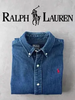 【美品 濃色】90s Ralph Lauren デニム シャツ 赤ポニー S ②