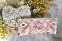 set1 インド刺繍リボン ブロックプリント ポーチ ハートポーチ 眼鏡ケース