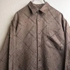 レトロ 古着 シャツ 柄シャツ 総柄 デザインシャツ 光沢 ブラウン 長袖