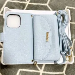 iPhone 15 Pro ケース 手帳型 ショルダー ストラップ 財布 ブルー