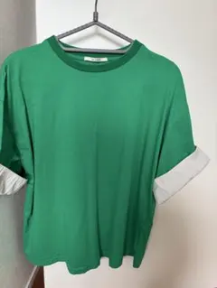 値下げ！グリーン 半袖Tシャツ ストライプ袖のサムネイル