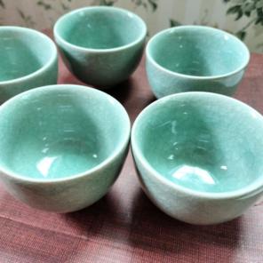青磁　湯呑み　青緑色のひび模様 　 5個セット　昭和レトロ