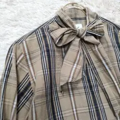 6 ロク　コットンリネン　チェック　リボン　ボウタイ　シャツ　ブラウス　日本製