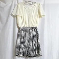 フリル ギンガムチェック スカート 膝丈 ワンピース ホワイト 白 黒 M