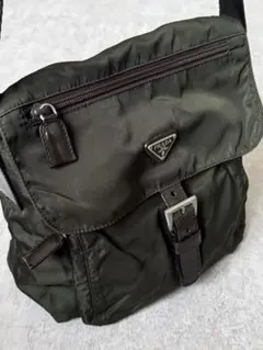鑑定済】PRADA カーキ系 ショルダーバッグ クロスボディ 三角ロゴ