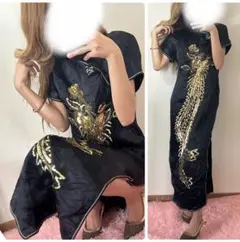 黒　チャイナドレス　ロング　ロングドレス　レトロ　ヴィンテージ