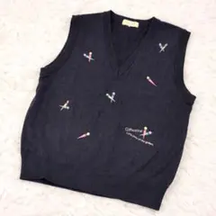 日本製 ニットベスト 刺繍 総柄 Vネック L レディース
