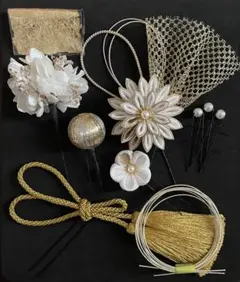 ＃790 ちりめん プリザーブドフラワー かんざし/12点セット 白ゴールド系