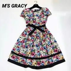 美品 エムズグレイシー 花柄 スカラップ ワンピース リボン パフスリーブ 38 美品✨エムズグレイシー ワンピース 花柄 リボンベルト 裾スカラップ