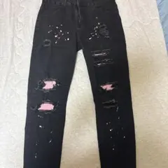 ペイント加工 ダメージデニムパンツ ブラック M