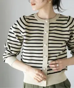 ナノユニバース▪️ライトスポンディッシュパールボタンカーディガン/ボーダー柄▪️F