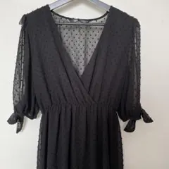 ZARA ザラ　シースルー　ドット柄 ブラック Vネック ワンピース