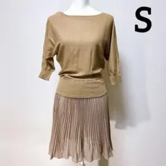 フレイアイディー　ニットドッキングワンピース　プリーツ　膝丈　五分袖　S