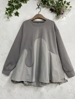 272新品　バック裾ドローコード付き　異素材切り替えフレアチュニック(M.GY)