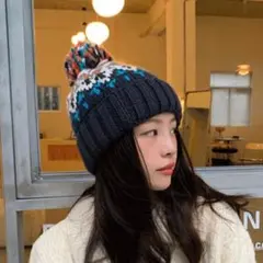 新作　ニット帽子　男女兼用　　柄　オシャレ　メンズレディース　紺ネイビー
