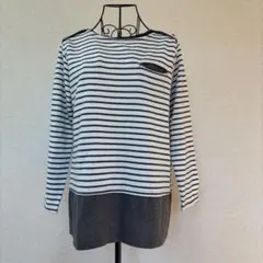 長袖カットソー　M〜Lサイズ　白×グレー　着丈長め　一部ボーダー　春秋