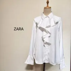 ZARA パールボタン付きラッフルフリル 肉厚ポリブラウス ホワイト 海外S