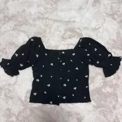 黒 花柄刺繍 パフスリーブ トップス