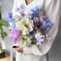 白アネモネ×紫×ブルークラッチブーケ☆ブートニア
