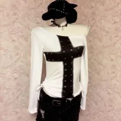 平成ギャル　Y2K オフショルダー クロスプリント 長袖Tシャツ　パンク
