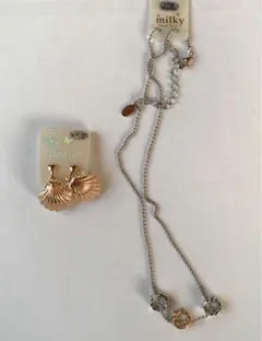 貝がらゴールドイヤリング&シルバーゴールドサークルネックレスセット