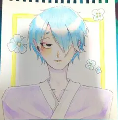 手描きイラスト　オリジナル　絵　アナログ　男の子　花