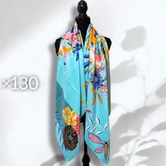 大判 スカーフ ストール ショール フラワープリント 花 スカイ ブルー 水色