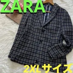 ZARA テーラードジャケット ツイード チェック柄 ネイビー ウール 2XL