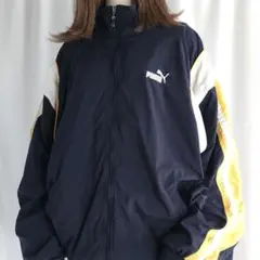 プーマ ワンポイント ロゴ 刺繍 ナイロンジャケット ネイビー Lサイズ 古着