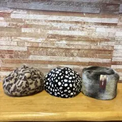 y2kベレー帽 ヒョウ柄 ダルメシアン柄／フェイクファーロシアンハット３点set