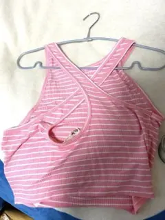 【即購入⭕️】タンクトップ　ボーダー　バッククロス　ショート丈　ピンク　薄手